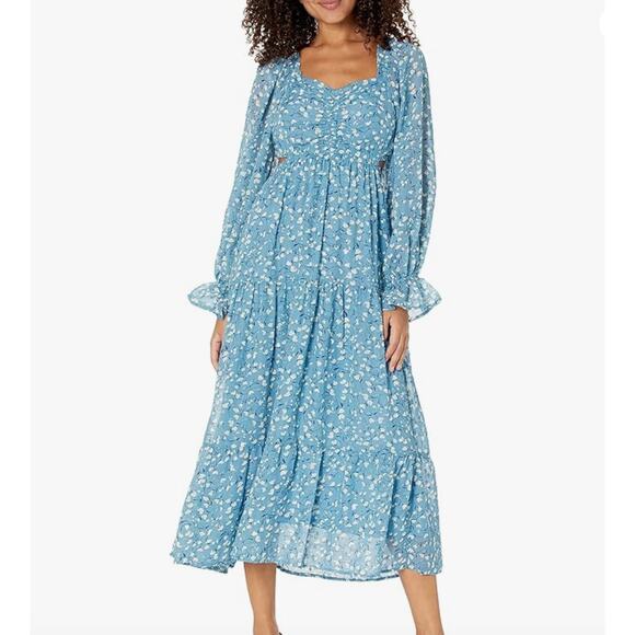 Moon River Blue Floral Cut Out Chiffon Midi Dress Small - Picture 1 of 11